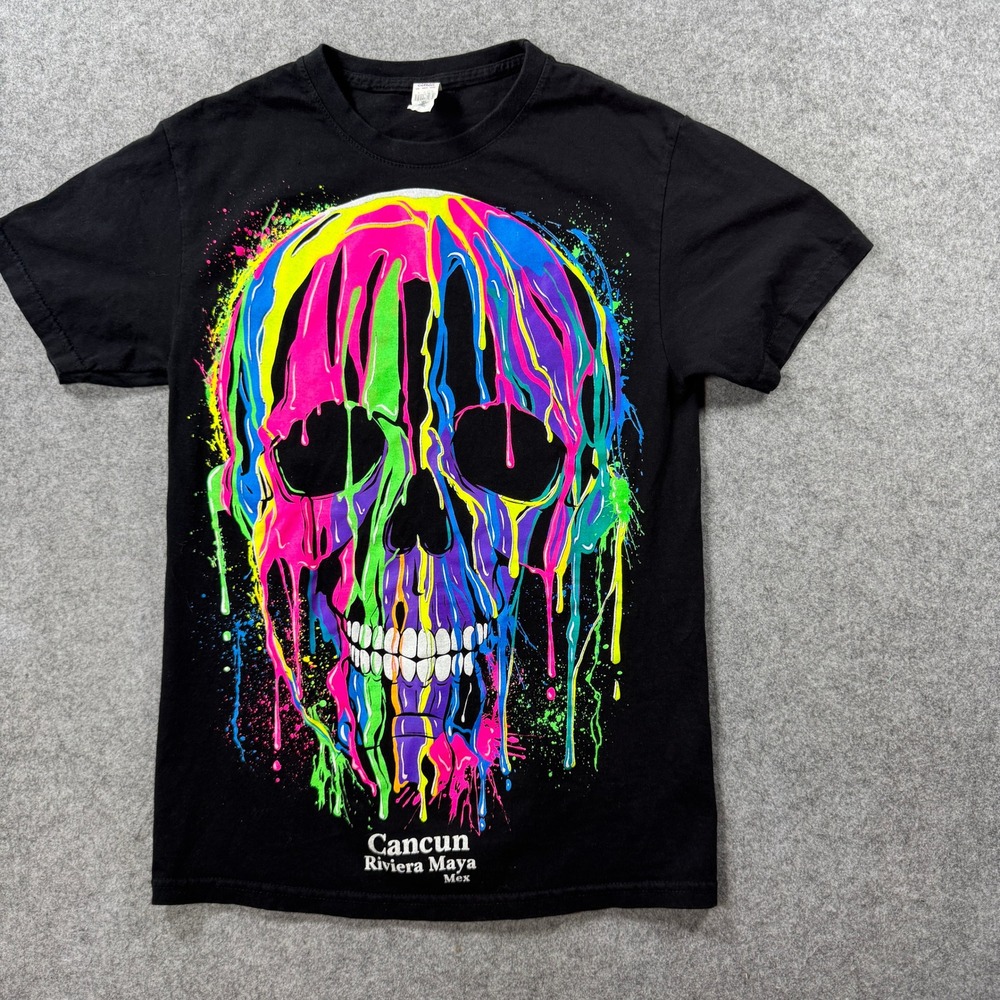 Comfort Mens Cancun Riviera Maya Skull T Shirt S Black Neon Paint Drip Cotton